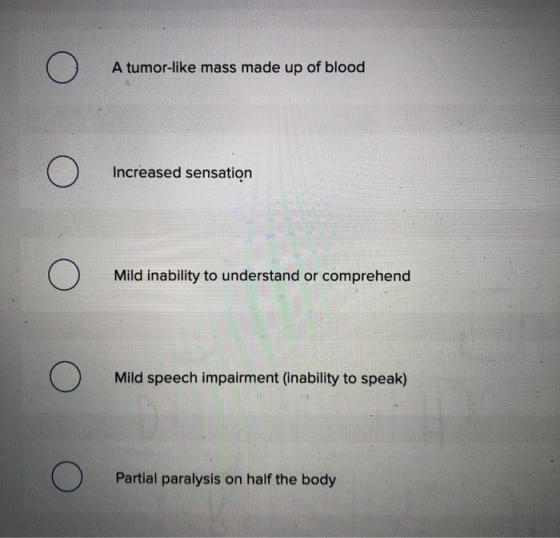 A tumor-like mass made up of blood Increased sensation Mild inability to understand or comprehend Mild speech impairment (ina