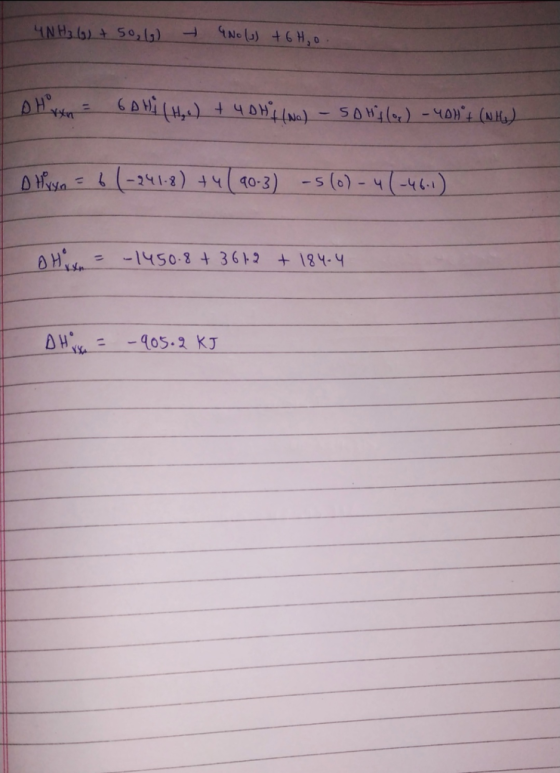 4NH₃6) +50, 1G) - Nolu) + 6H.o. pH van = 60 H (H) + 4DHI (N) - SoHglor) - 4DH + (NH) D Hiyo = 6 (-241-8) +4 ( 90-3) -5 (0) -