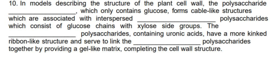 10. In models describing the structure of the plant cell wall, the polysaccharide _, which only contains glucose, forms cable