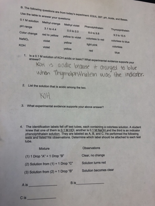 B. The following questions are from todays experiment: EQUL 307: pH, Acids, and Bases Use the table to answer your questions