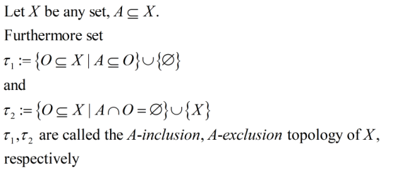 Let X be any set, A C X. Furthermore set T, := {0 € X| A CO}u{@} and Tz:= {0 XANO=Ø}_{x} 17,t, are called the A-inclusion, A-