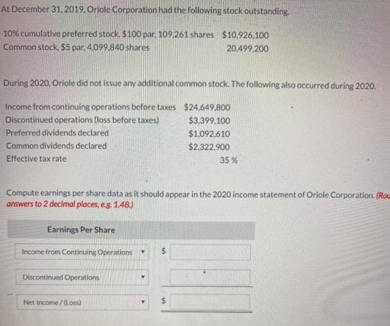 At December 31, 2019, Oriole Corporation had the following stock outstanding. 10% cumulative preferred stock. $ 100 par, 109,
