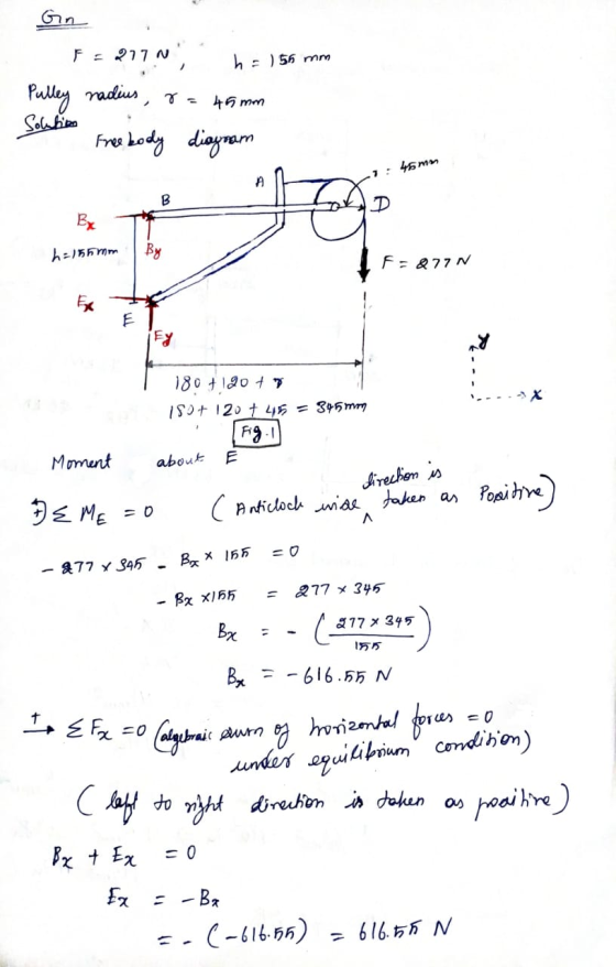 Gin F = 277N, h = 155 mm Pulley radius, 45mm Solution Free body diagram 7: 45 mm B Bx h=155mm FE&77 N E 180 + 120t7 ISO + 120