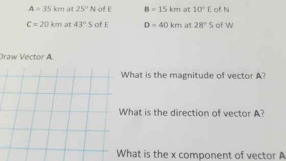 A 35 km at 25° N of E B=15km at 10° E of N C 20 km at 43° S of E D 40 km at 28o S of W Draw Vector A. What is the magnitude of vector A? What is the direction of vector A? What is the x component of vector A