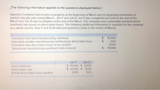 [The following information applies to the questions displayed below.] Sweeten Company had no jobs in progress at the beginnin
