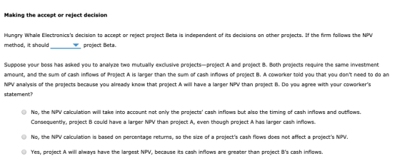 Making the accept or reject decision Hungry Whale Electronicss decision to accept or reject project Beta is independent of i