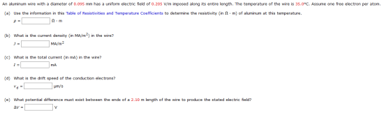 An aluminum wire with a diameter of 0.095 mm has a uniform electric field of 0.205 V/m imposed along its entire length. The t