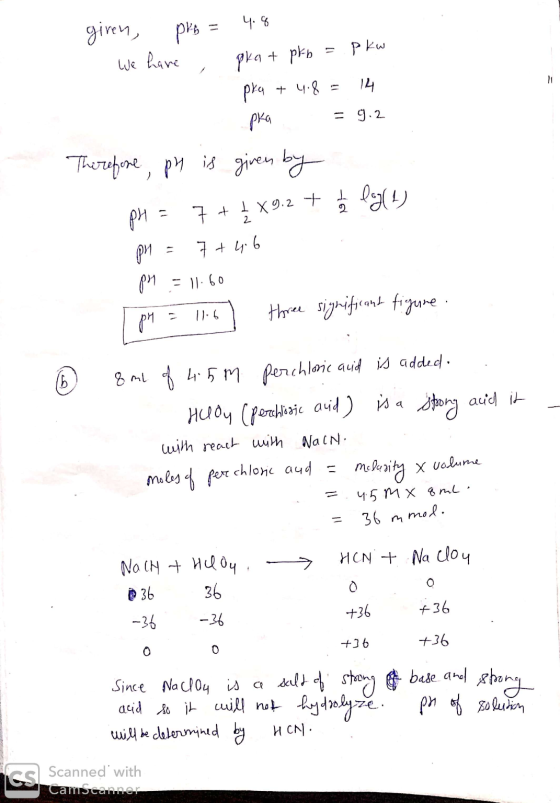 91 rеи, ри, = Ч: 4 We have pkat pkb = pkw pka + 4.8 = 14 opka = 9.2 Therefore, ph is given by pH = 7+ 1 X9.2 + + log (1) P1 =