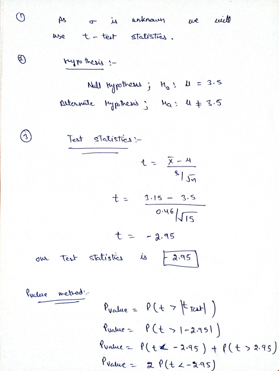AS مز unknown we will use t- test statisties. hypothesis :- Null u = 3.5 Alternate hypothesis ; Hypothesis ; Hoi Hall & 3.5 3