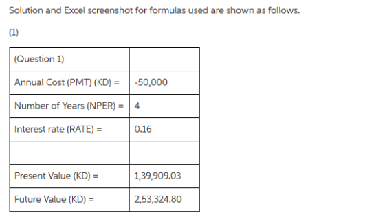 Solution and Excel screenshot for formulas used are shown as follows. (Question 1) Annual Cost (PMT) (KD)50,000 Number of Years (NPER) 4 Interest rate (RATE)- 0.16 Present Value (KD)- 1,39,909.03 Future Value (KD)- 2,53,324.80