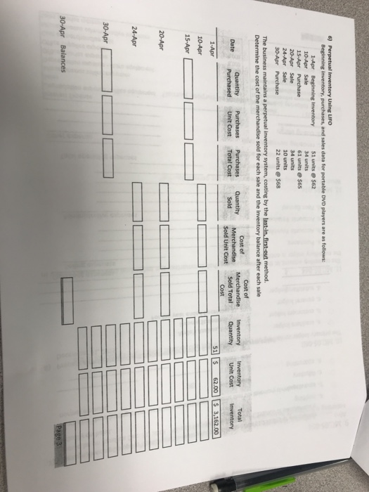 6) Perpetual Inventory Using LIFO Beginning inventory, purchases, and sales data for portable DVD players are as follows: 1-A