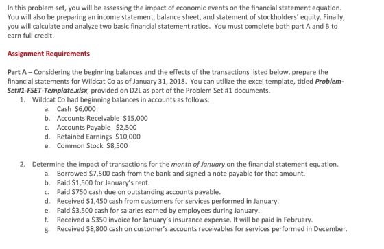 In this problem set, you will be assessing the impact of economic events on the financial statement equation. You will also b
