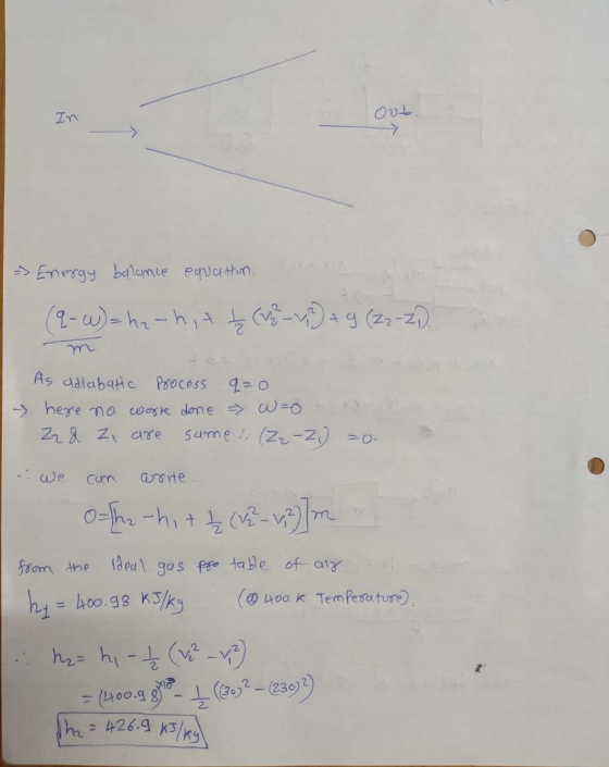 In OUL -> Energy balance equation. (9-4)= ha-hit t (Eve) + g (22-Z,). As adiabatic process q=0 - here no work done a wao 22 &