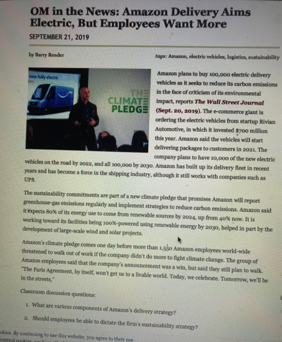 OM in the News: Amazon Delivery Aims Electric, But Employees Want More SEPTEMBER 21, 2019 by Barry Render tags: Amazon, elect