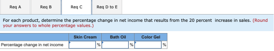 Req A Reg A Req B. Req B Reqc Req D to E Reg D to e For each product, determine the percentage change in net income that resu
