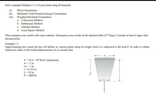 Solve example Problem #1.1 of your book using (8-element) (i) Direct formulation (ii) Minimum Total Potential Energy Formulat