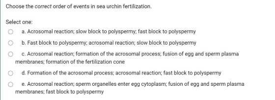 Choose the correct order of events in sea urchin fertilization. Select one: ОО a. Acrosomal reaction; slow block to polysperm