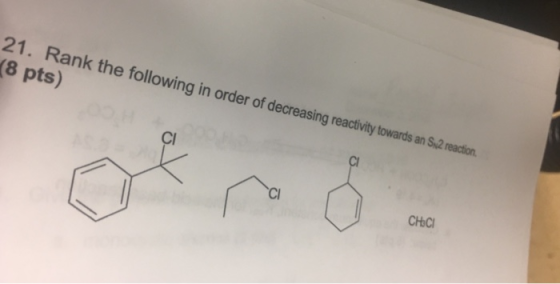 21. Rank the followi (8 pts) g in order of decreasing reactivity towards an $2 reaction Cl Cl