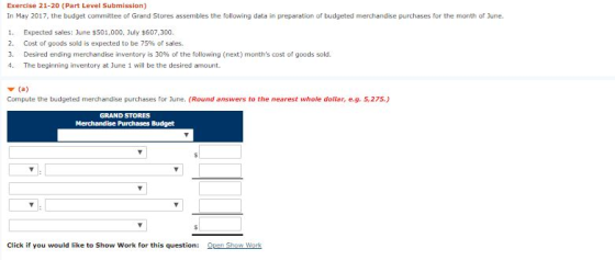 Exercise 21-20 (Part Level Submission) In May 2017, the budget committee of Grand Stores assembles the following data in prep