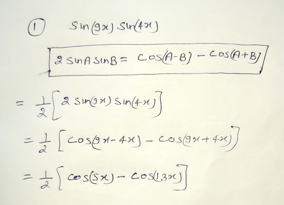 o Sin 93) Sln(431) 2 SIA SinB = cos(6-8) - COS(A+B) = 3 [asmon) seme-x3] = { [cos(9*- 43) - CO3(936+43)] = = cos(5) – COS(.33