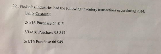 22.. Nicholas Industries had the following inventory transactions occur during 2014: Units Cost/unit 2/1/16 Purchase 54 $45 3