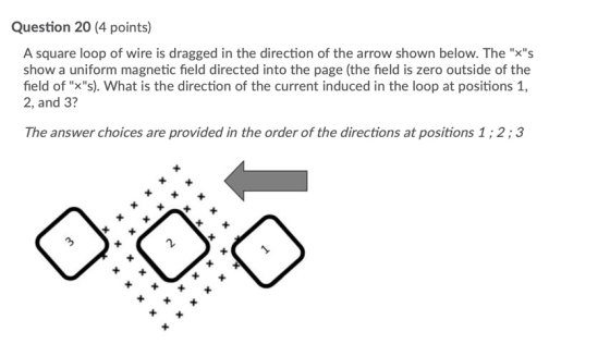 Question 20 (4 points) A square loop of wire is dragged in the direction of the arrow shown below. The xs show a uniform ma