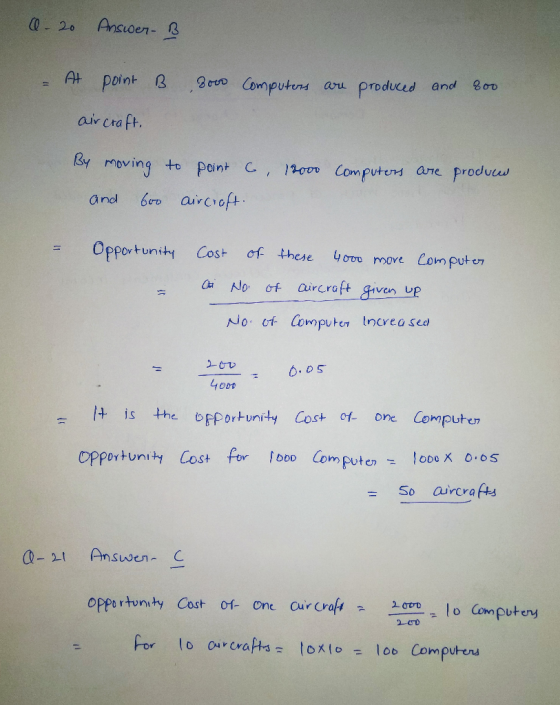 0-20 Answer. B - At point B 3000 Computers are produced and 800 aircraft, By moving to point c, 12000 and 600 aircraft. compu