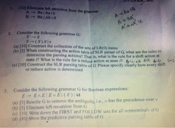 (10] Eliminate left recursion from the grammar A Ba |Aa c B Bb | Ab 1 d A Ad IB A BA ASJAE Consider the following grammar G: