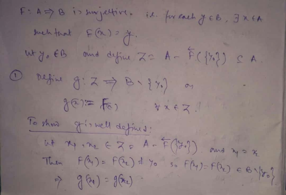 y EB, IKEA F: A => B is sunjective id for each such that f(n) y ut yo EB and define Za A & ({0}) SA Define g: Z B. {7.) gal F
