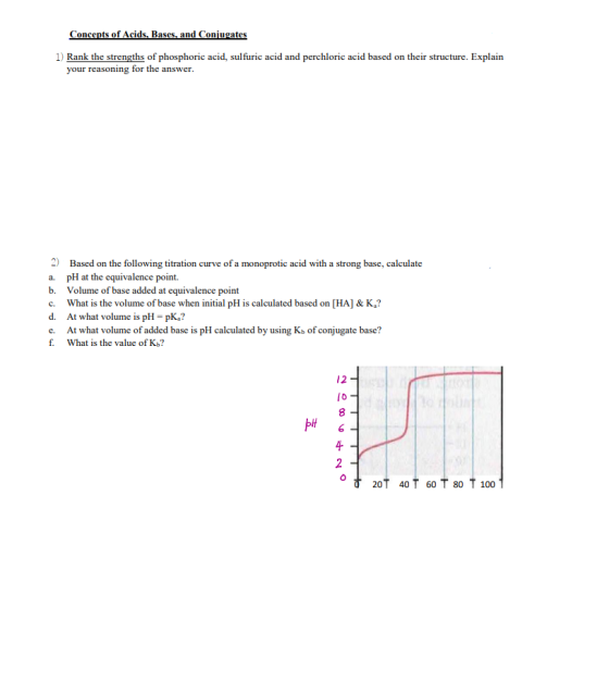 Concepts of Acids, Bases, and Conjugates 1) Rank the strengths of phosphoric acid, sulfuric acid and perchloric acid based on
