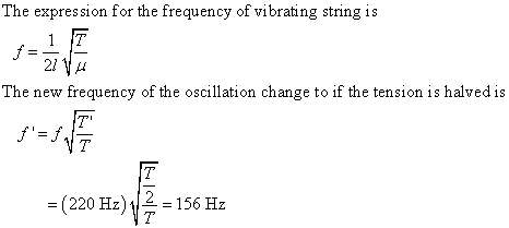 The expression for the frequency of vibrating string is The new frequency of the oscillation change to if the tension is halved is T T = (220 Hz) = 156 Hz T