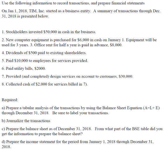 Use the following information to record transactions, and prepare financial statements On Jan 1, 2018, TIM, Inc. started as a