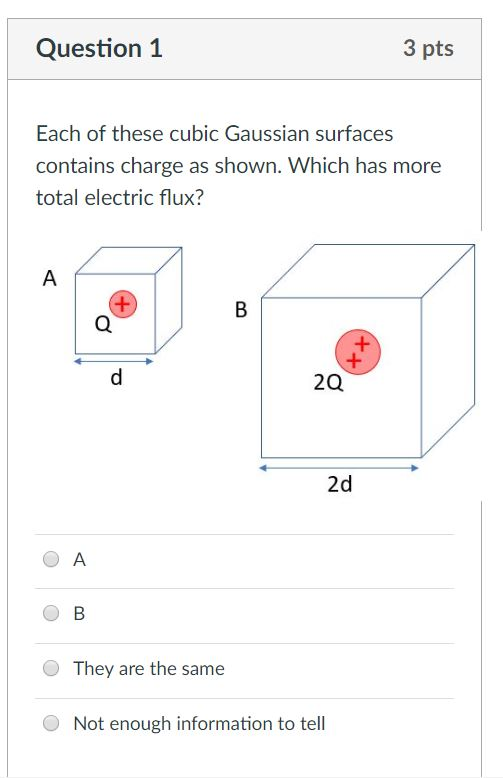 Question 1 3 pts Each of these cubic Gaussian surfaces contains charge as shown. Which has more total electric flux? 20 2d O A O They are the same O Not enough information to tell