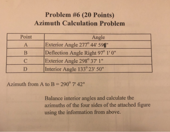Problem #6 (20 Points) Azimuth Calculation Problem Point Angle Exterior Angle 2770 44 59 B Deflection Angle Right 97 1 0
