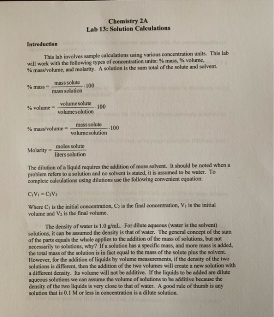 Chemistry 2A Lab 13: Solution Calculations Introduction This lab involves sample calculations using various concentration uni