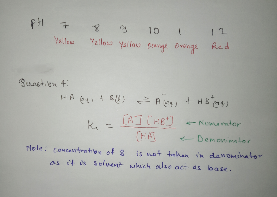 PH 7 Yellow 8 Yellow 9 Yellow 10 Orange 11 Orange 12 Red question 4: HA (19) + B(l) Alaq) + HB (aq) - [A] [HBt ] & Numerator