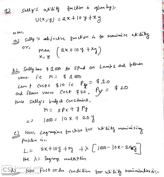 2 1 sallys utility faction is given by U(x,y)=2x+10ytry ONU ADALAR NOW, as sally is abjective function is to manimise abilit