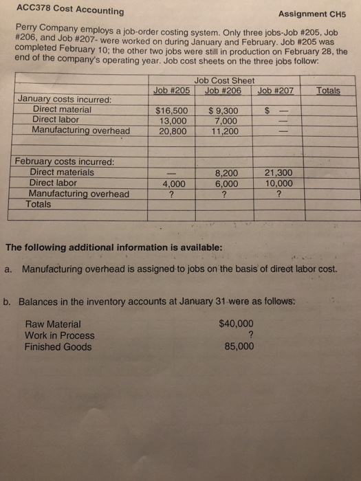 ACC378 Cost Accounting Assignment CHS Perry Company employs a job-order costing system. Only three jobs Job 205. Job W206, an