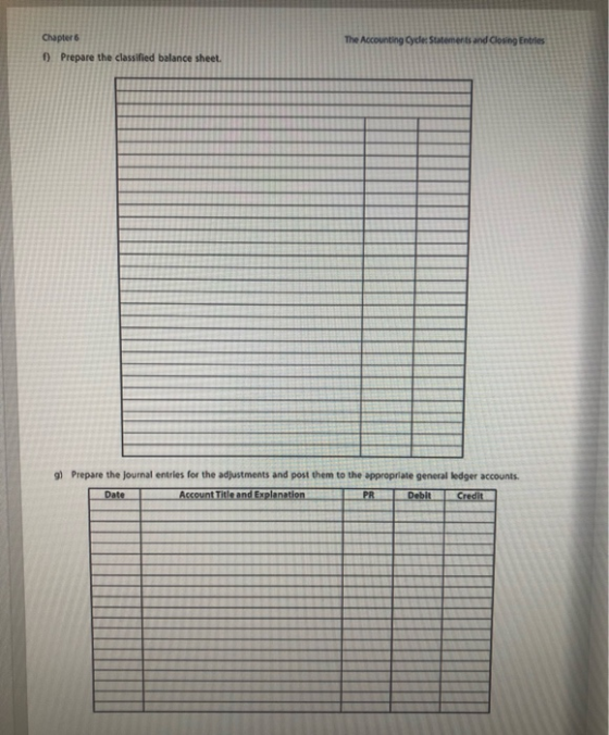 The Accounting cle: Statements and closing Entries Chapter 6 Prepare the classified balance sheet. g) Prepare the journal ent