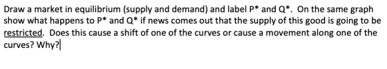 Draw a market in equilibrium (supply and demand) and label p* and Q*. On the same graph show what happens to P* and Q* if new