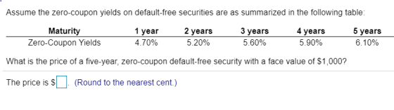 Assume the zero-coupon yields on default-free securities are as summarized in the following table: Maturity Zero-Coupon Yield