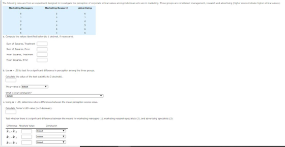 The following data are from an experiment designed to investigate the perception of corporate ethical values among individuals who are in marketing. Three groups are cornsidered: management, research and advertising (higher scores indicate higher ethical values). Marketing Research 7 5 a. Compute the values identified below (to 1 decimal, if necessary) Sum of Squares, Treatment Sum of Squares, ErO Mean Squares, Treatment Mean Squares, Error ta Use α .05 to test for a signitcant dimerence in perception among the three groups. Calculate the value of the test statistic (to 2 decimals), The p-value is Select What is Using a.05, determine where differences between the mean perception scores occur Cakulate Fishers LSD value (to 2 decimals) Test whether there is a significant difference between the means for marketing managers (1), marketing research specialists (2), and advertising specialists (3). Difference Absolute Value Conclusion 2-2 3 Select
