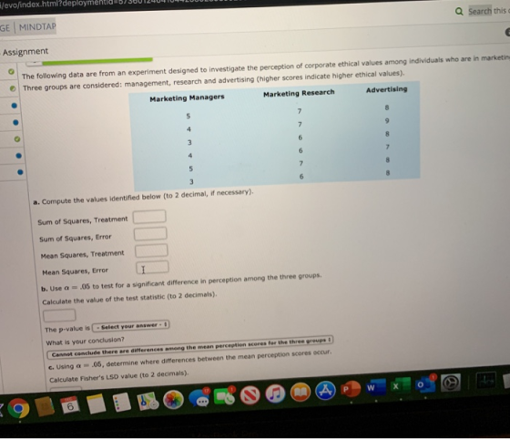 GE MINDTAP Q Search thi Assignment The following data are from an experiment designed to investigate the perception of corpor
