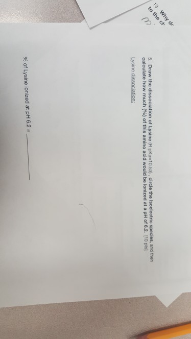 13. Why dr to the ch 5. Draw the dissociation of Lysine (Rpka-10.53), circle the isoelectric species, and then calculate how