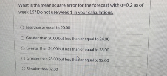 What is the mean square error for the forecast with a 0.2 as of week 15? Do not use week 1 in your calculations. O Less than