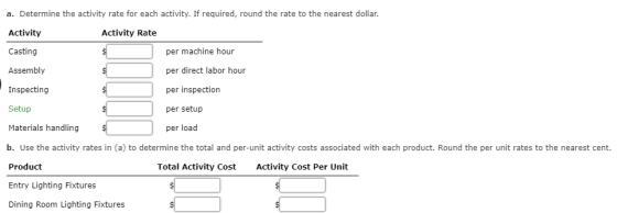 a. Determine the activity rate for each activity. If required, round the rate to the nearest dollar. Activity Activity Rate C