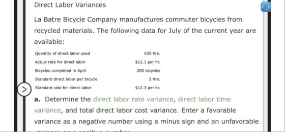 Direct Labor Variances La Batre Bicycle Company manufactures commuter bicycles from recycled materials. The following data fo