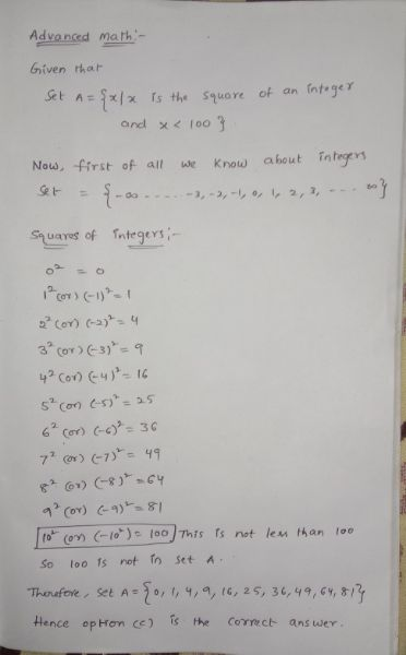 Advanced Math- Set A Given that A = {x1x is the square of an integer and x < 1003 Now, first of all know about integers Set S