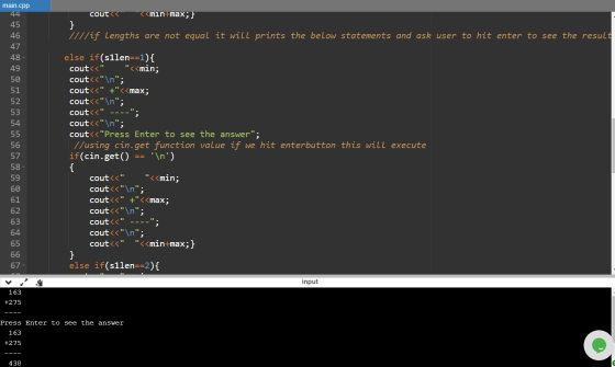 coutくく main.cpp 44 45 46 47 48 <<min-max; } } II//if Lengths are not equal it will prints the below statements and ask user t