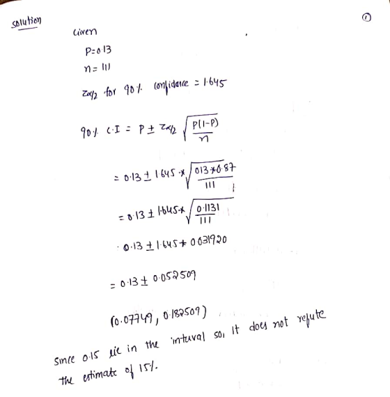 solution Giren P=013 na IV 2012 for 90% confidence = 1645 90.4 (I = P + Zal2 , pll-P) ñ = 0:13 1645 **.01370.87 =0:13 645* /